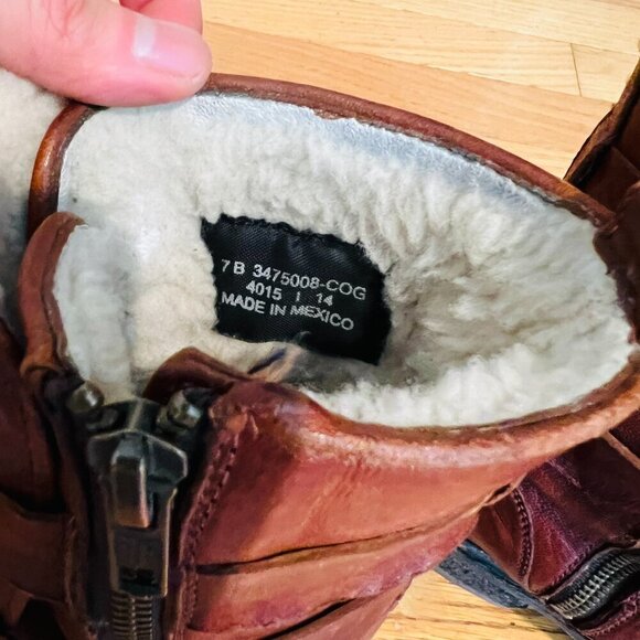 Frye Valerie Strappy Shearling Leather Boots in Cognac Size 7 - Picture 11 of 16